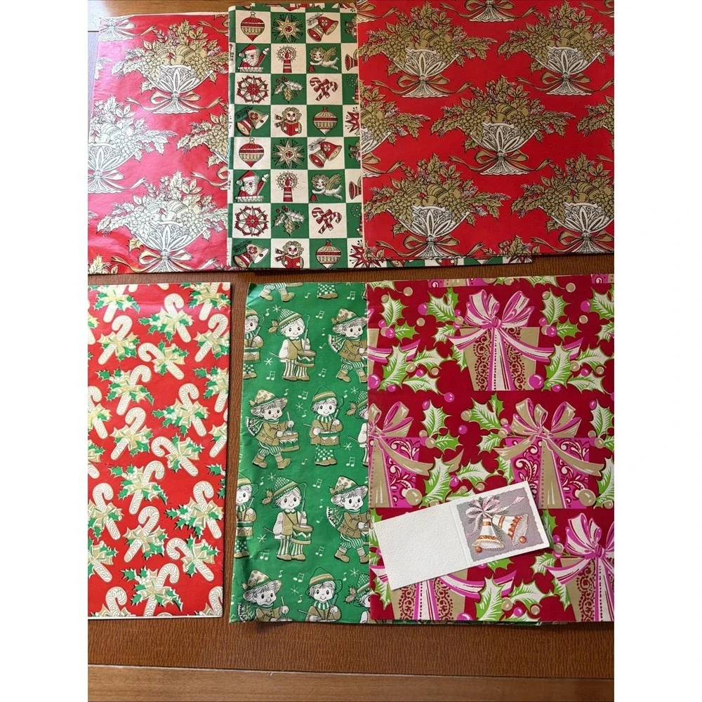 6 Vintage Sheets Of Christmas Flat Wrap: Holly, Candy Canes, Drummer